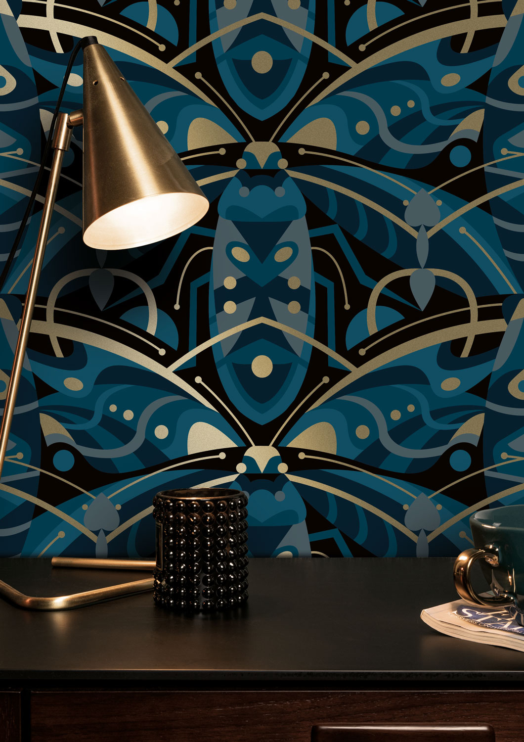 Tapete Art Deco Animaux Beetle Gold - Blue