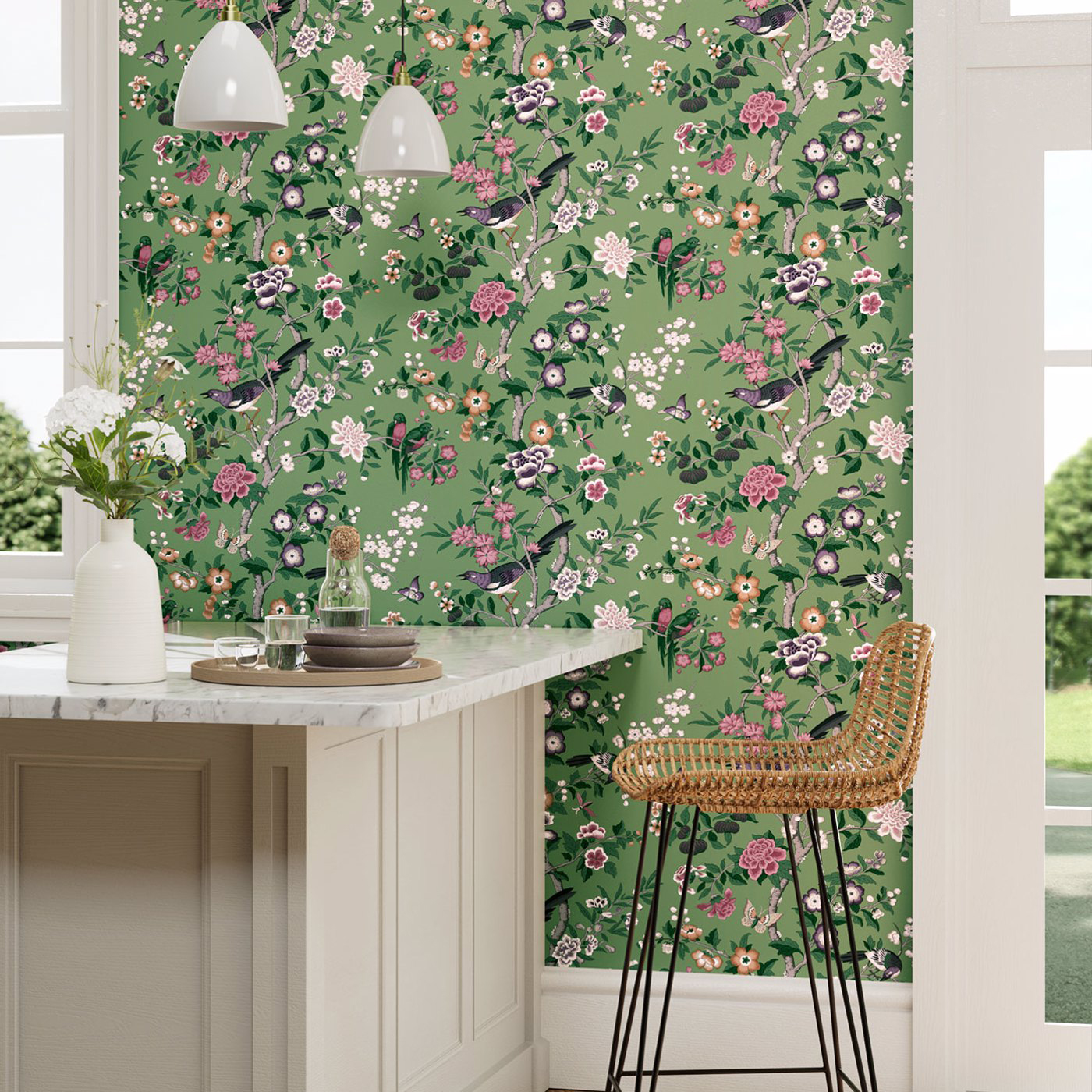 Tapete Chinoiserie Hall - Chinese Green/ Lotus Pink