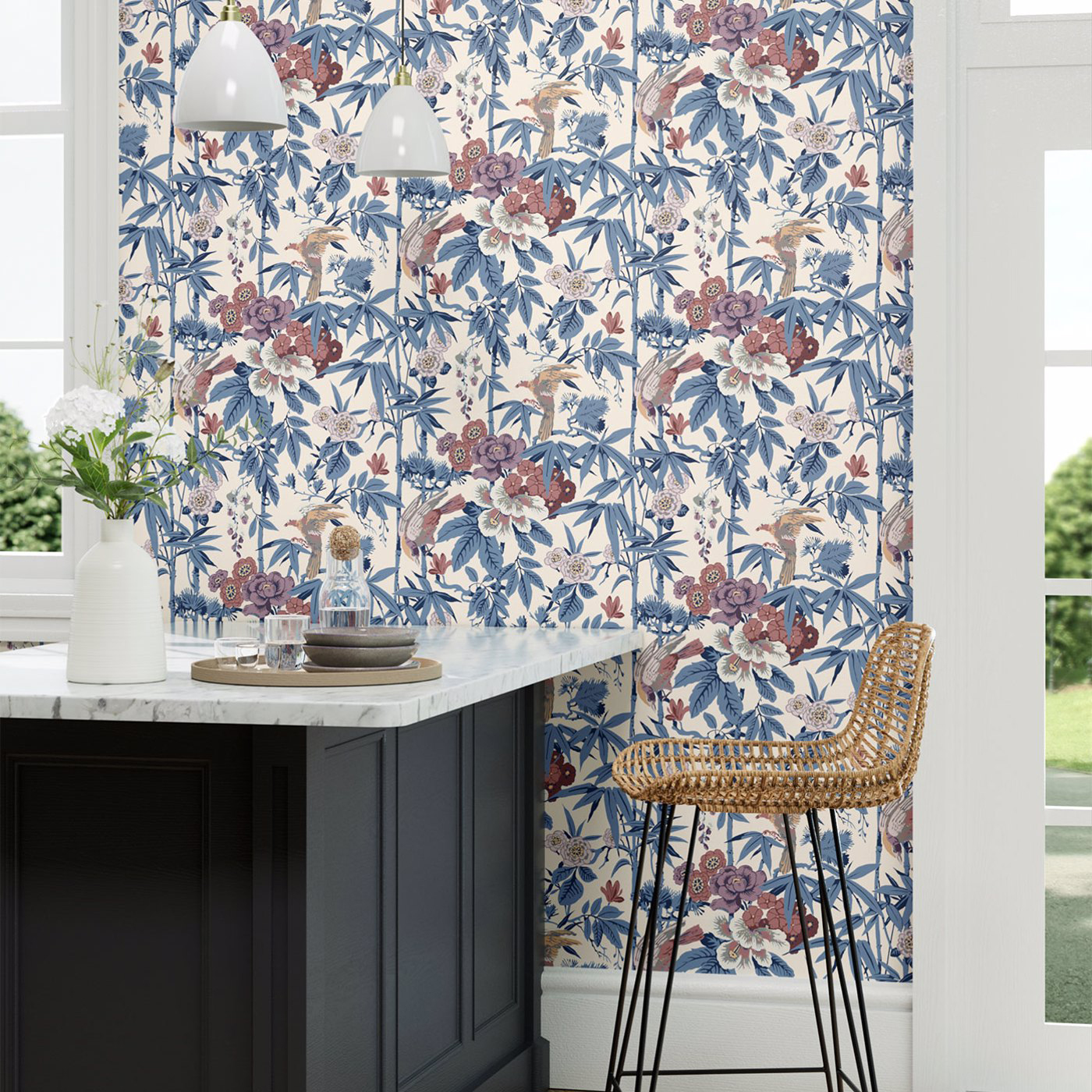 Tapete Bamboo and Birds - China Blue/ Lotus Pink