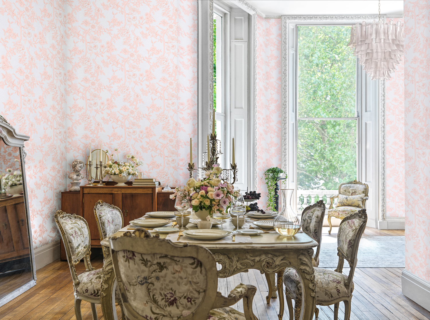 Tapete Paradise Tree - Pastel Blue and Soft Pink