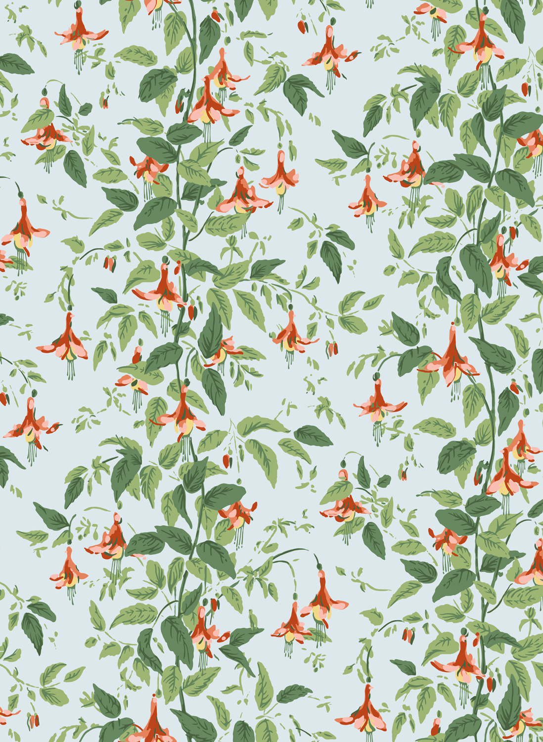 Tapete Fuchsia - Coral and Leaf Green on Powder Blue