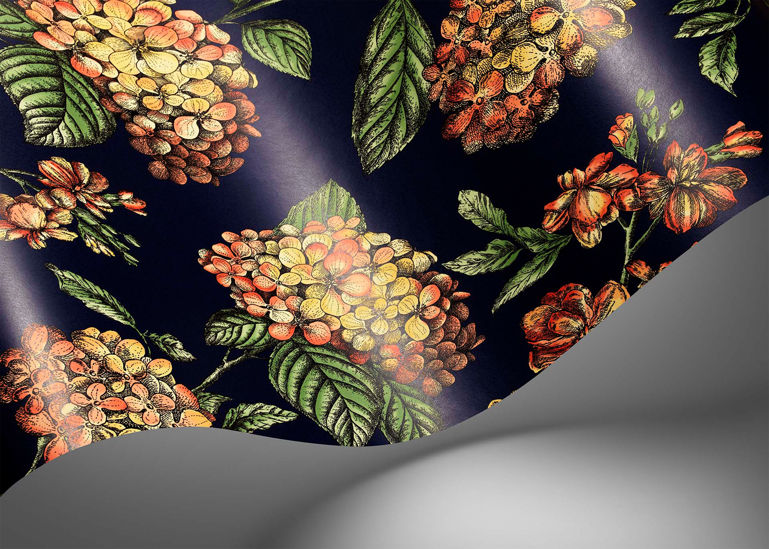 Tapete Ramo di Ortensia - Coral on Dark Blue