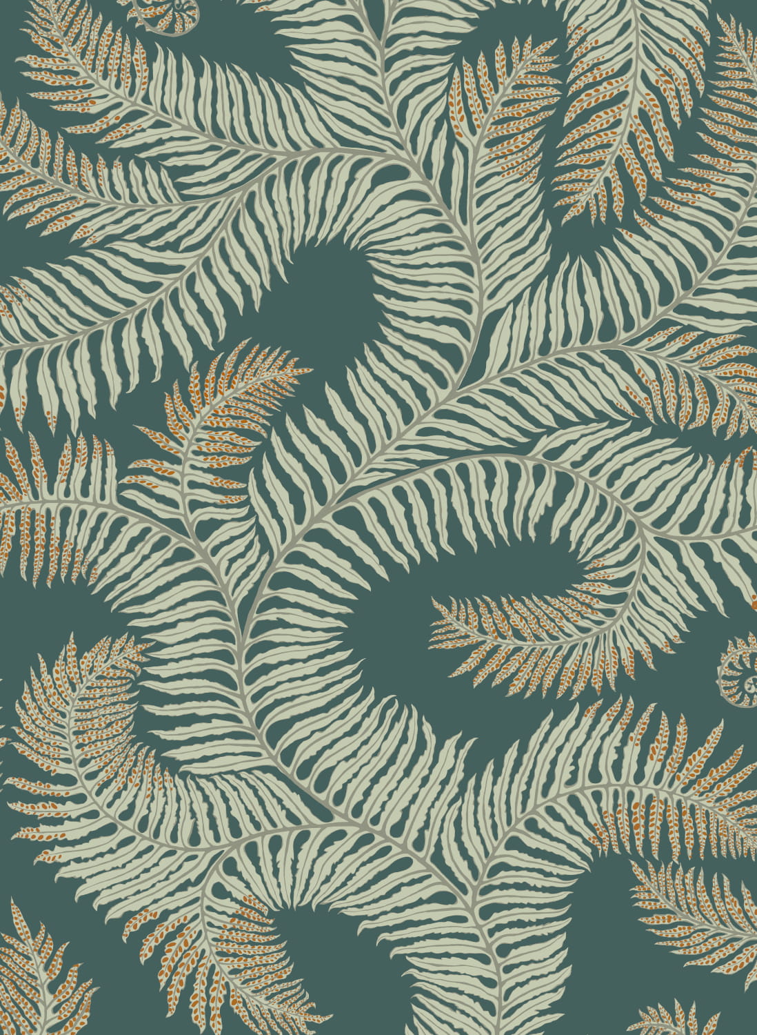 Tapete Bombes Fernery - Teal/ Orange Highlights