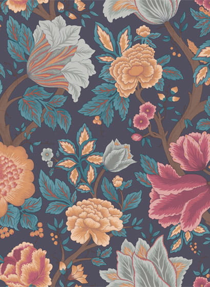 Tapete Midsommer Bloom - Orange, Rose & Petrol on Ink