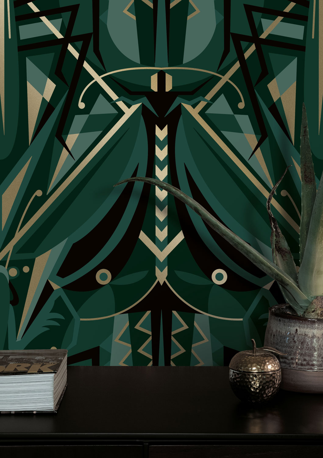 Tapete Art Deco Animaux Grasshopper Gold - green