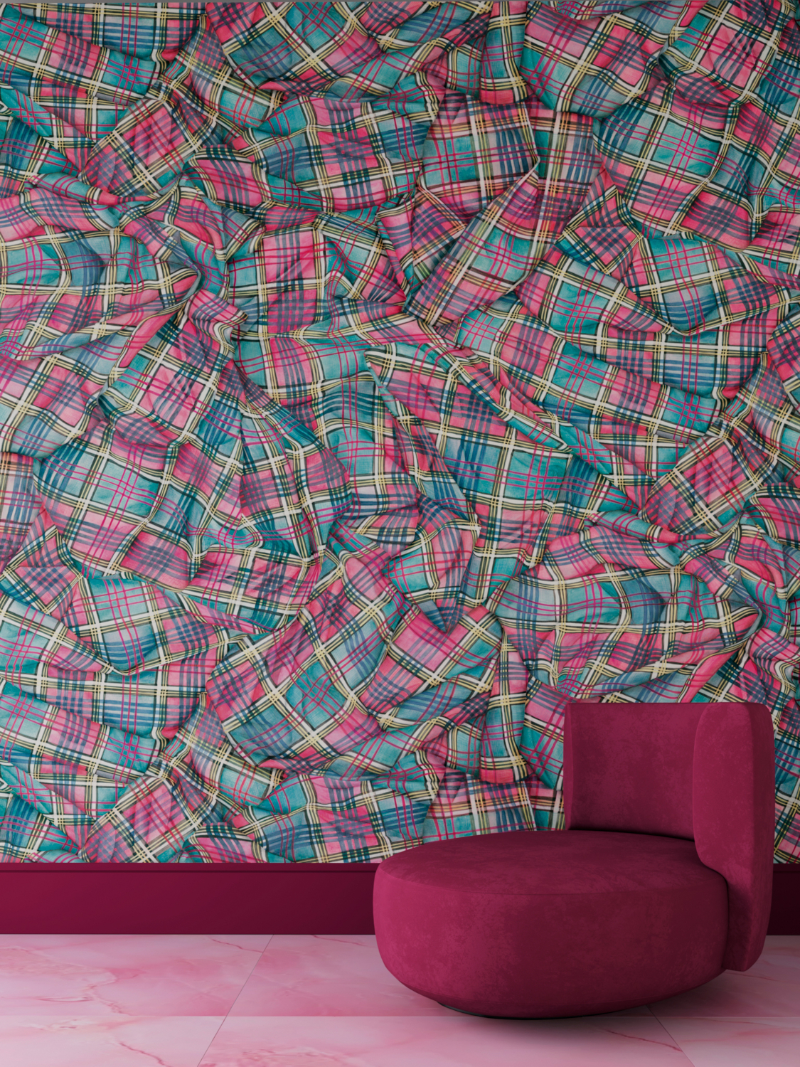 Carta da parati Draped Tartan - Cyan & Magenta