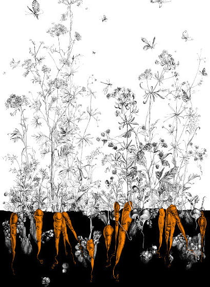 Tapete Lièvres/Fenouil/Tournesol - Noir Orange - Fenouil Sauvage Gauche - Noir Orange Doré