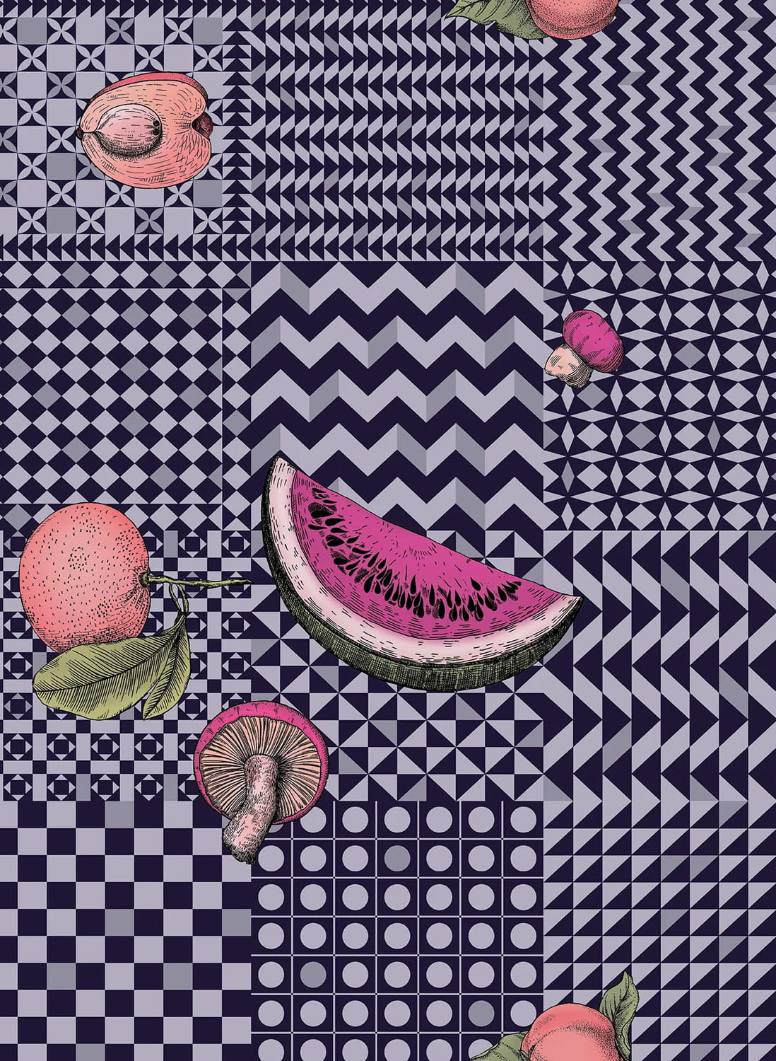 Tapete Frutta e Geometrico - Magenta/ Ink