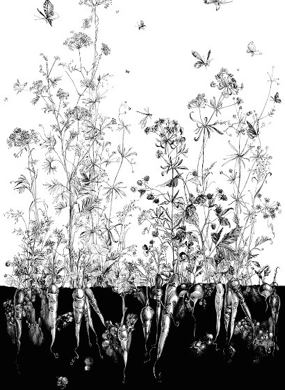 Tapete Lièvres/Fenouil/Tournesol - Blanc et Noi - Fenouil Sauvage Gauche - Blanc et Noir