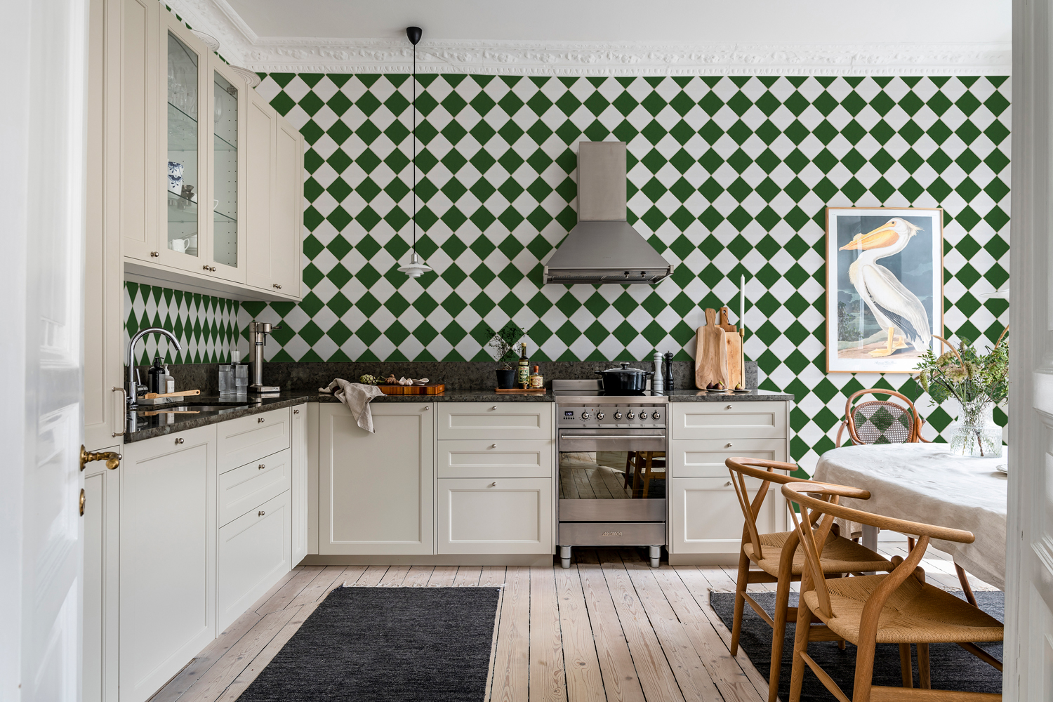 Tapete Checkered Tiles - White/ Green
