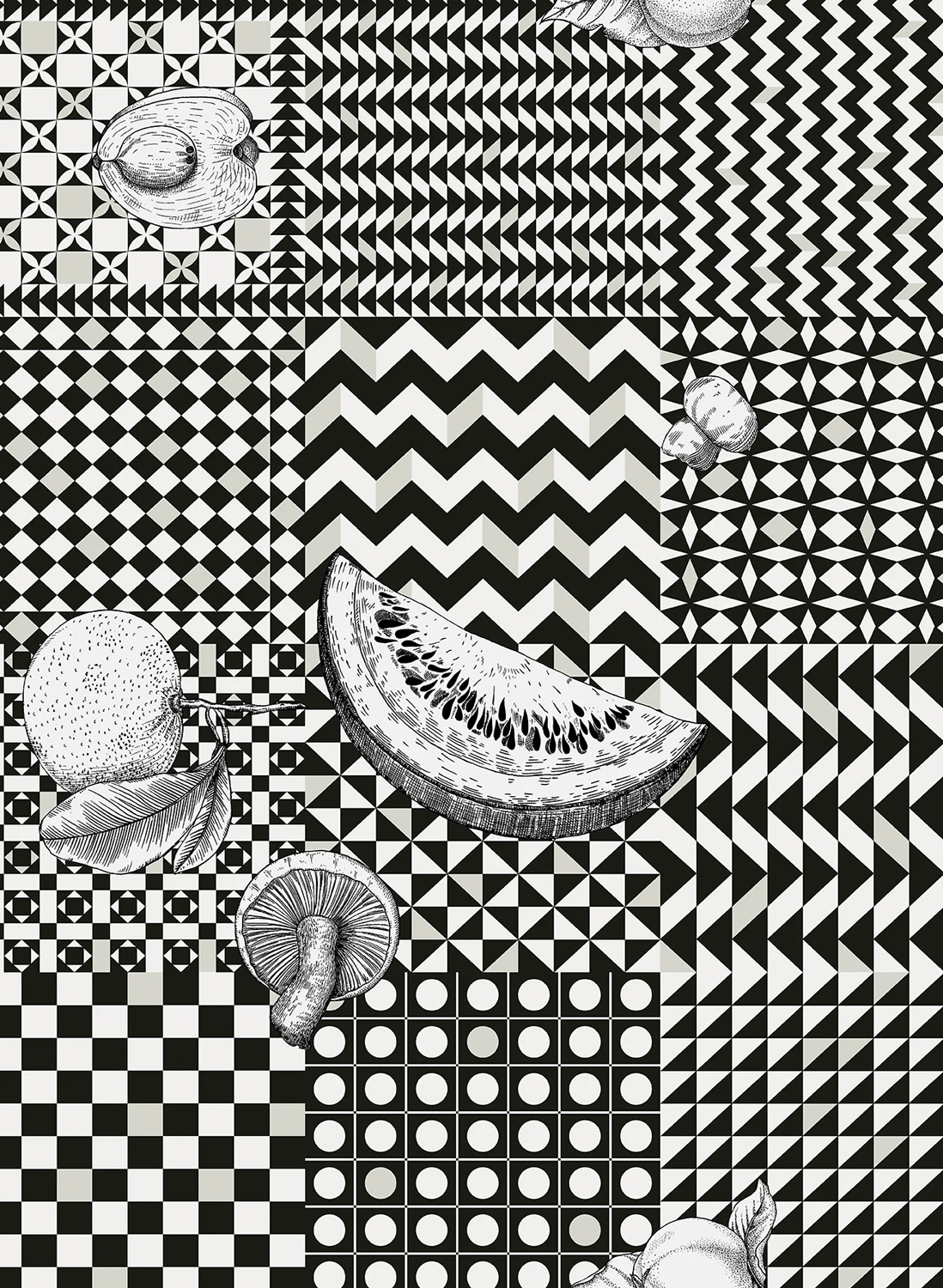 Tapete Frutta e Geometrico - Black/ White