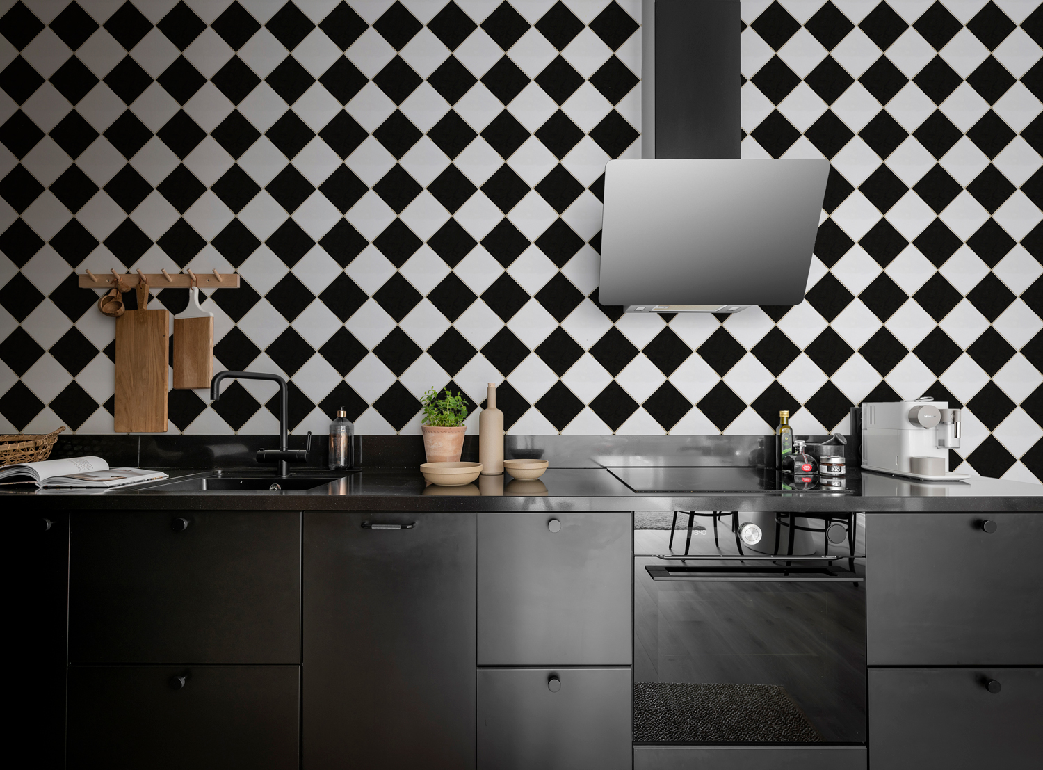 Tapete Checkered Tiles - Black/ White