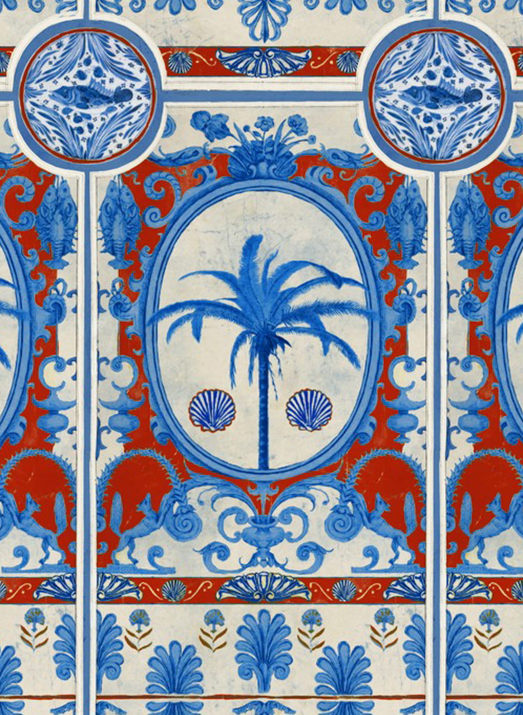 Tapete The Villa Mural - Blue/ Red/ Taupe