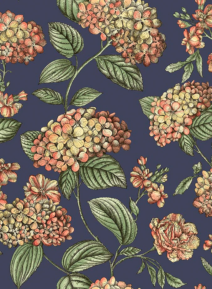 Tapete Ramo di Ortensia - Coral on Dark Blue