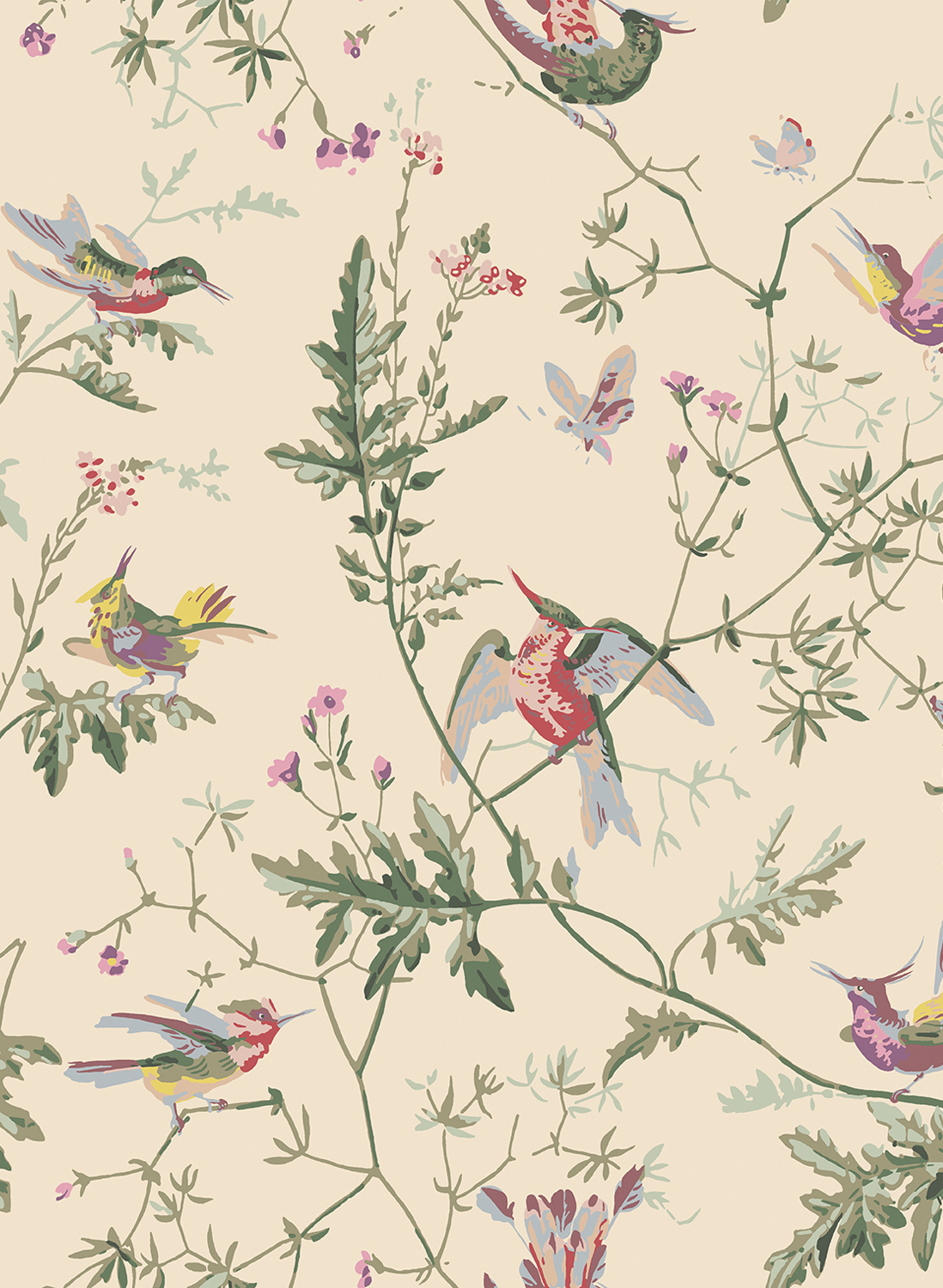 Tapete Hummingbirds - Classic Multi/ Old Olive on Cream