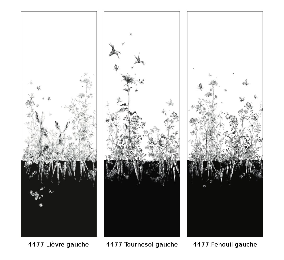 Tapete Lièvres/Fenouil/Tournesol - Blanc et Noi - Tournesol Gauche - Blanc et Noir