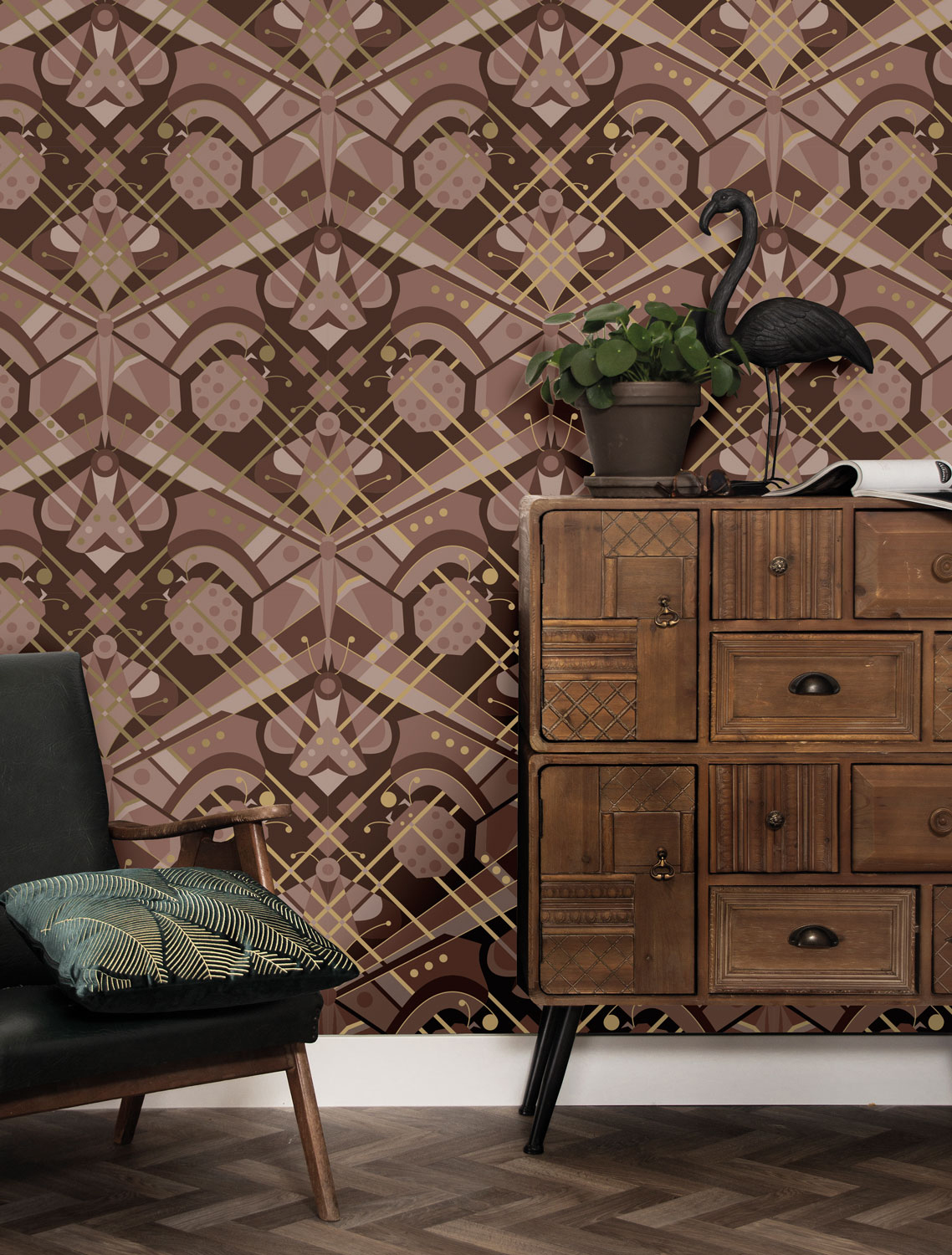 Tapete Art Deco Animaux Butterfly Gold - Taupe