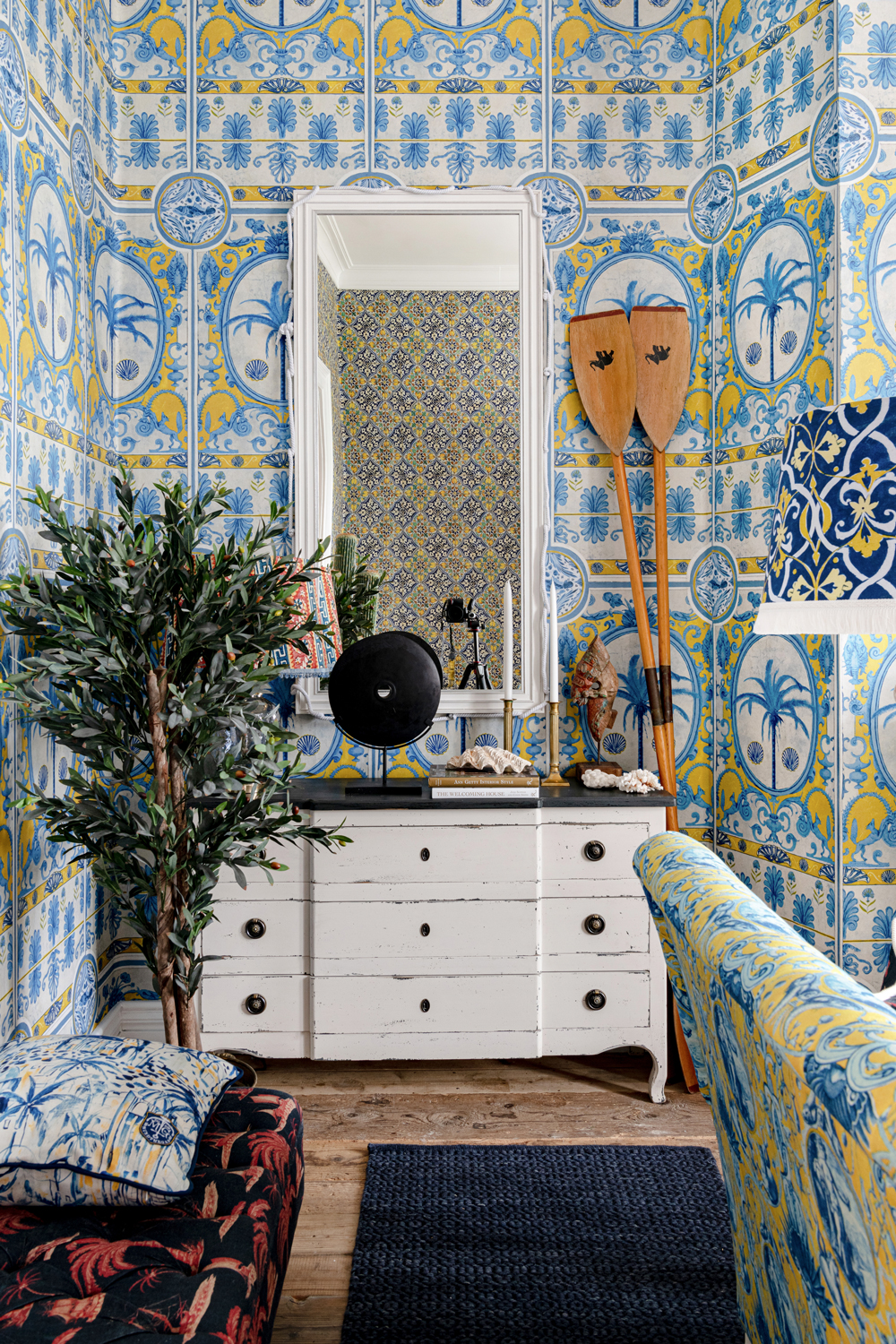 Tapete The Villa Mural - Blue/ Yellow/ Taupe