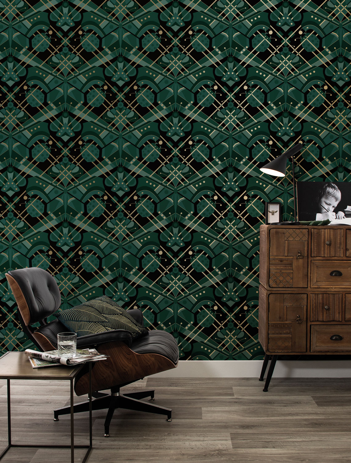 Tapete Art Deco Animaux Butterfly Gold - green