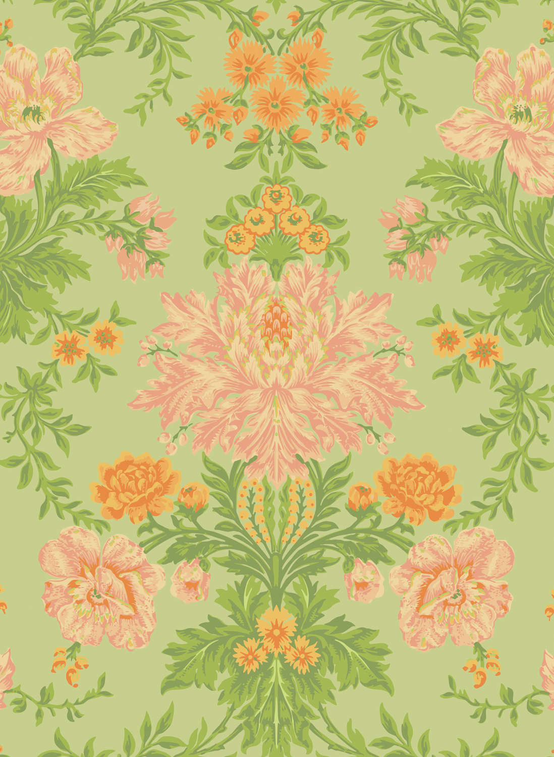 Tapete Poppies - Peach/ Marigold and Grass on Soft Green