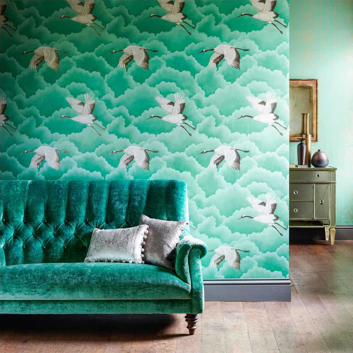 Tapete Cranes in Flight - Emerald