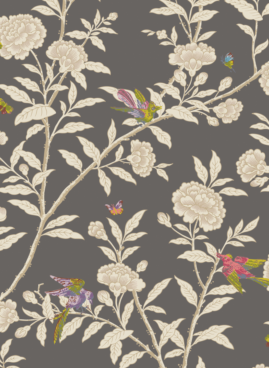 Tapete Roseberry with Birds - Soft Charcoal