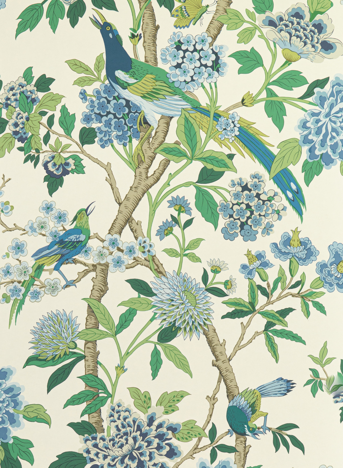 Tapete Hydrangea Bird - Emerald/ Blue