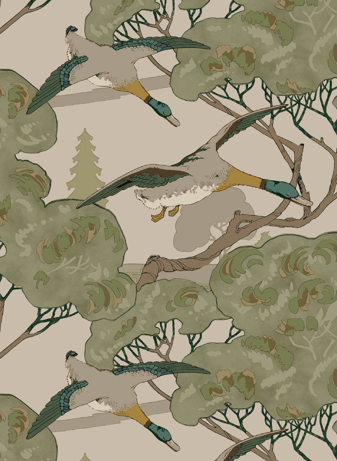 Tapete Grand Flying Ducks - Emerald