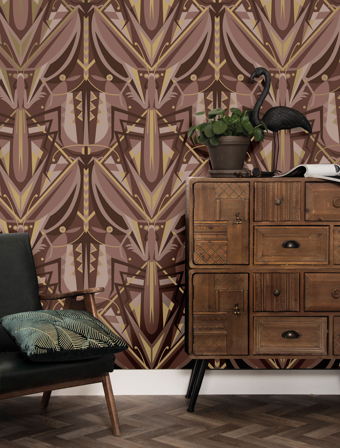 Tapete Art Deco Animaux Grasshopper Gold - Taupe