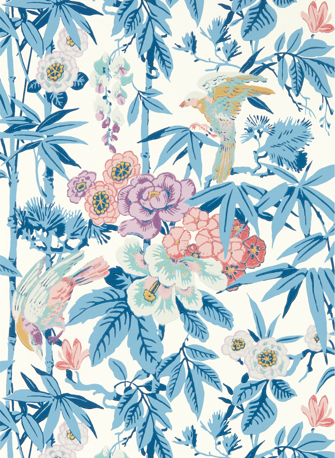 Tapete Bamboo and Birds - China Blue/ Lotus Pink