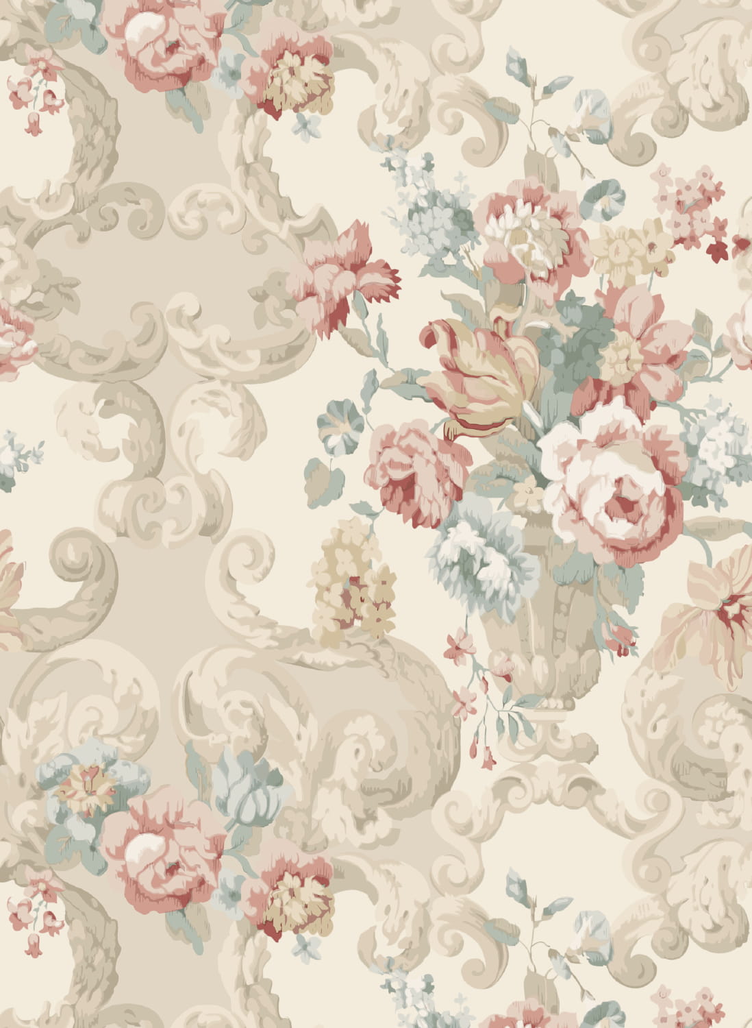 Tapete Floral Rococo - Lovat/ Red