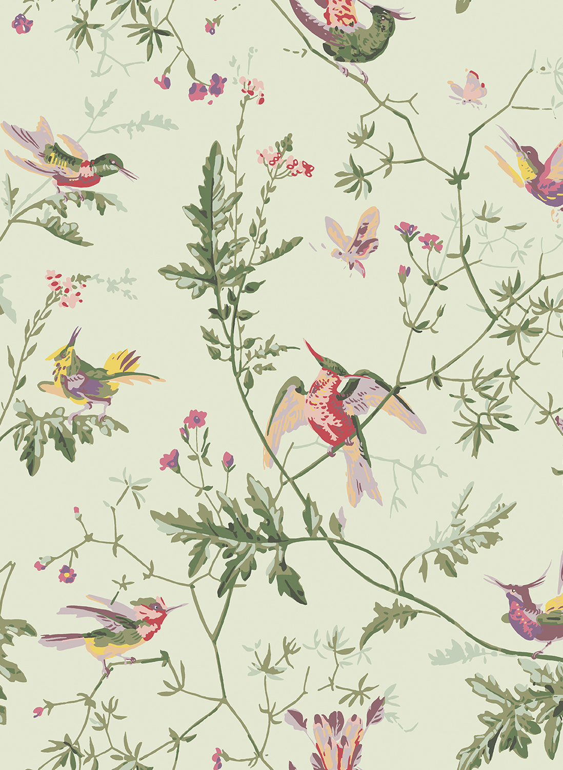 Tapete Hummingbirds - Multi/ Old Olive on Eau Du Nil