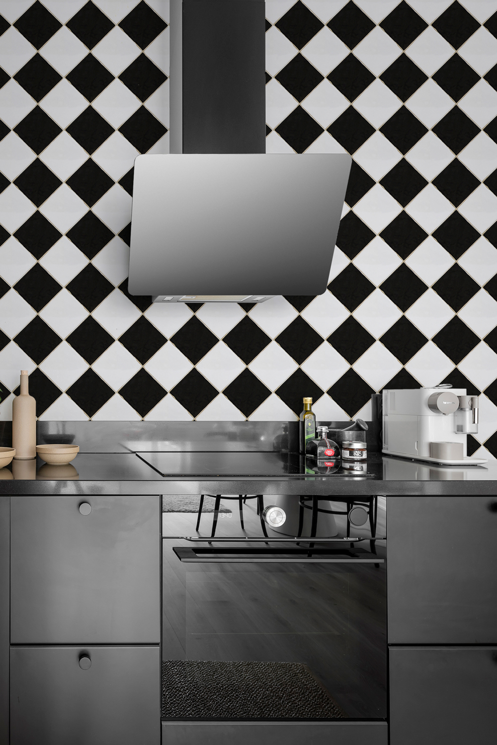 Tapete Checkered Tiles - Black/ White