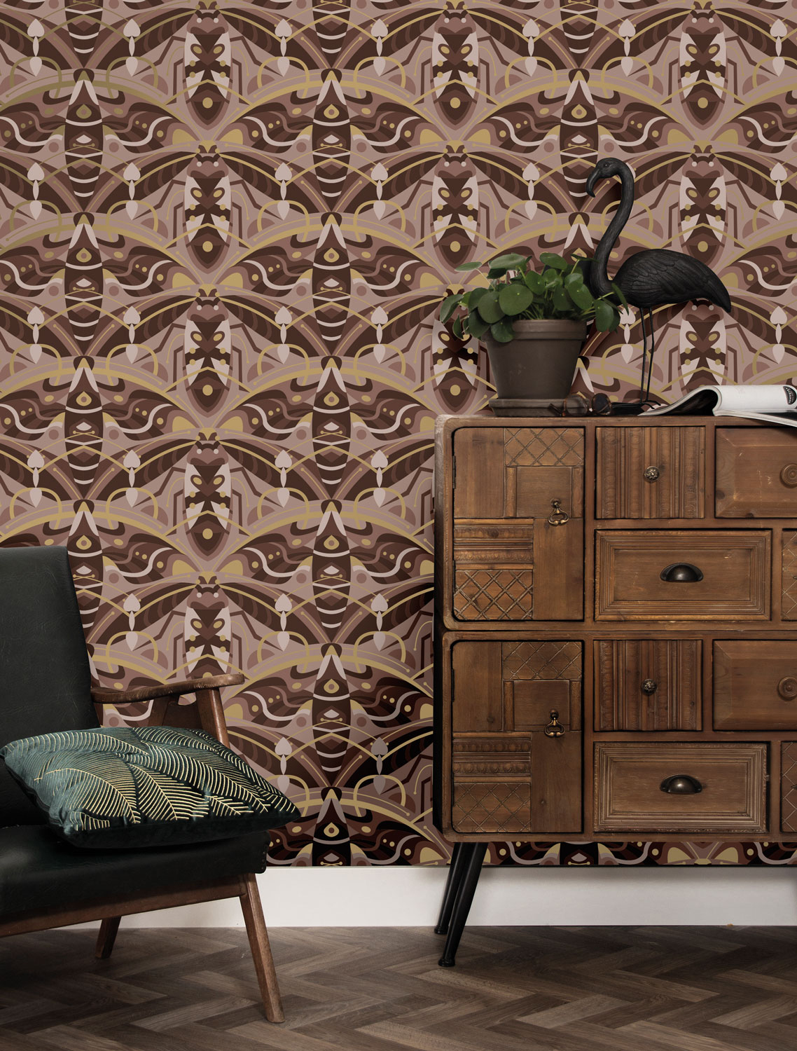Tapete Art Deco Animaux Beetle Gold - Taupe