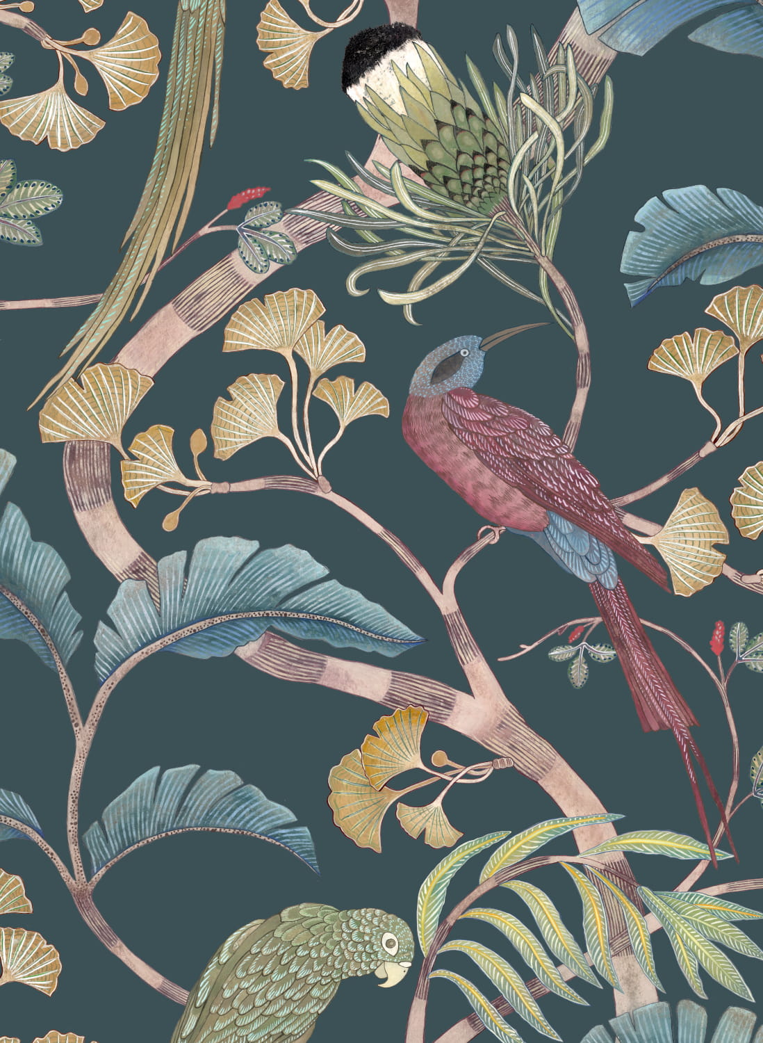 Tapete Living Branches - Dark Teal/ Yellow/ Olive