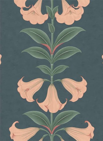 Tapete Angels Trumpet - Coral/ Viridian on Ink