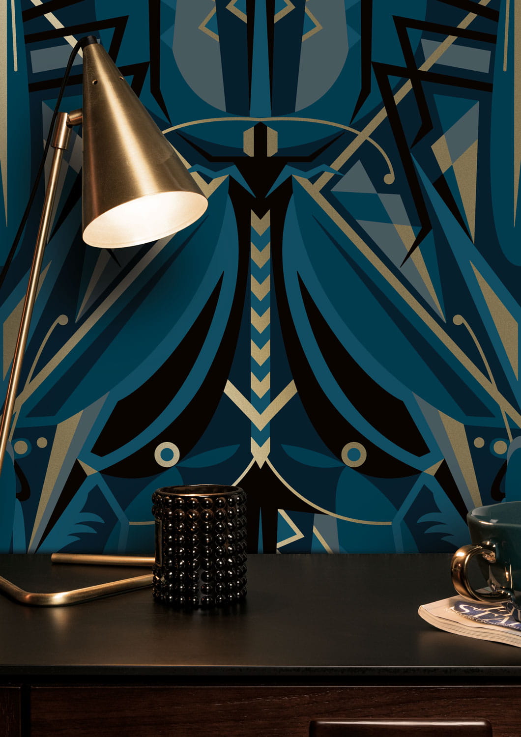 Tapete Art Deco Animaux Grasshopper Gold - Blue