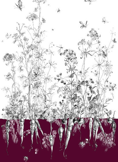 Tapete Lièvres/Fenouil/Tournesol - Aubergine - Fenouil Sauvage Gauche - Aubergine