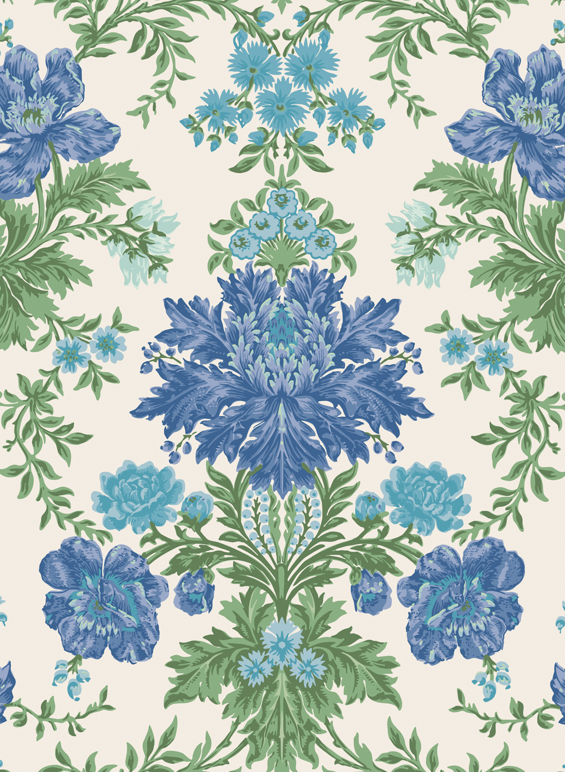 Tapete Poppies - Sapphire/ Cerulean and Moss on Stone