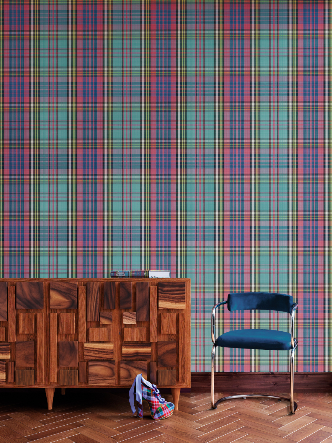 Carta da parati MacAndreas Tartan - Cyan & Magenta