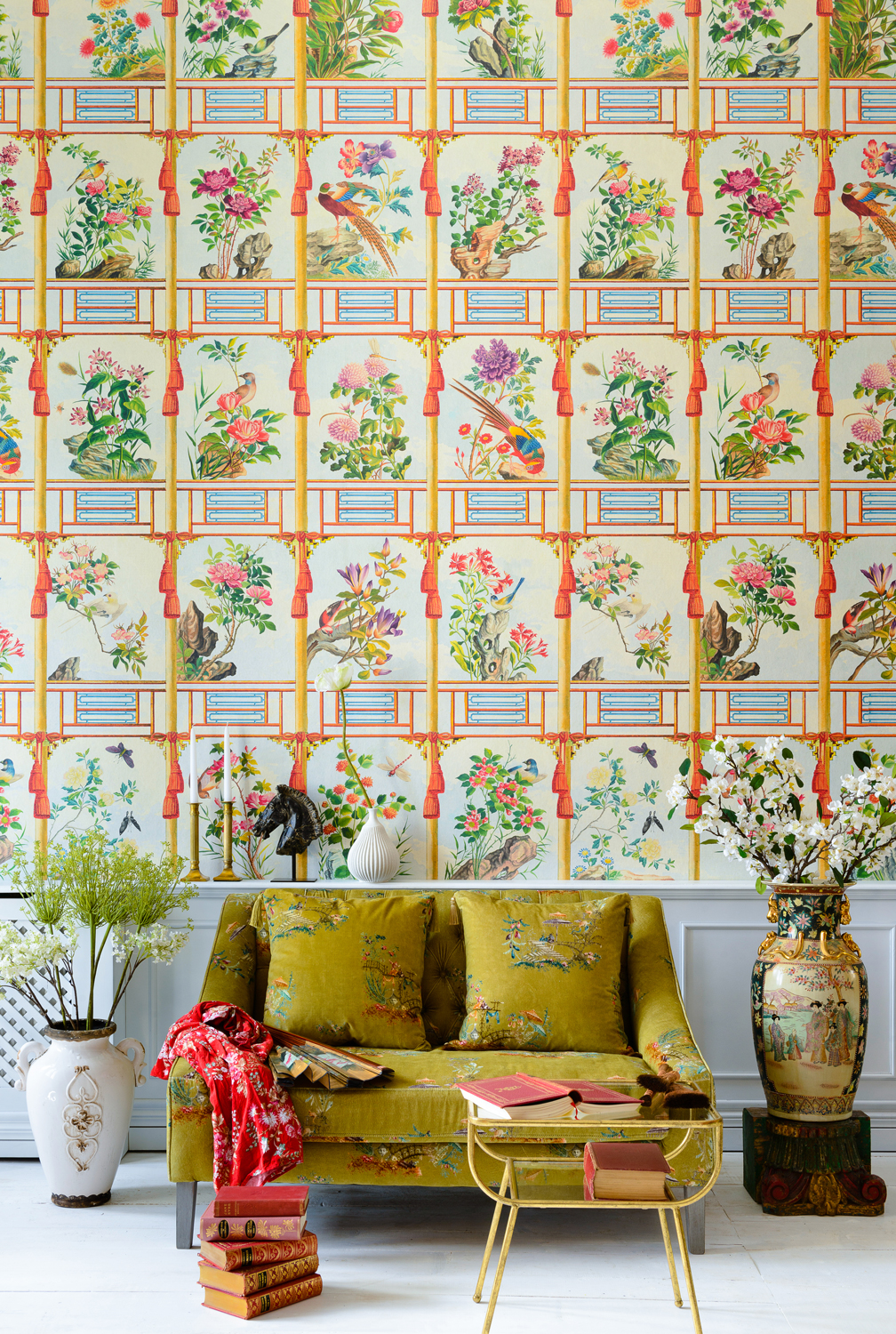 Tapete Flowering Wall - Taupe/ Red/ Green/ Blue