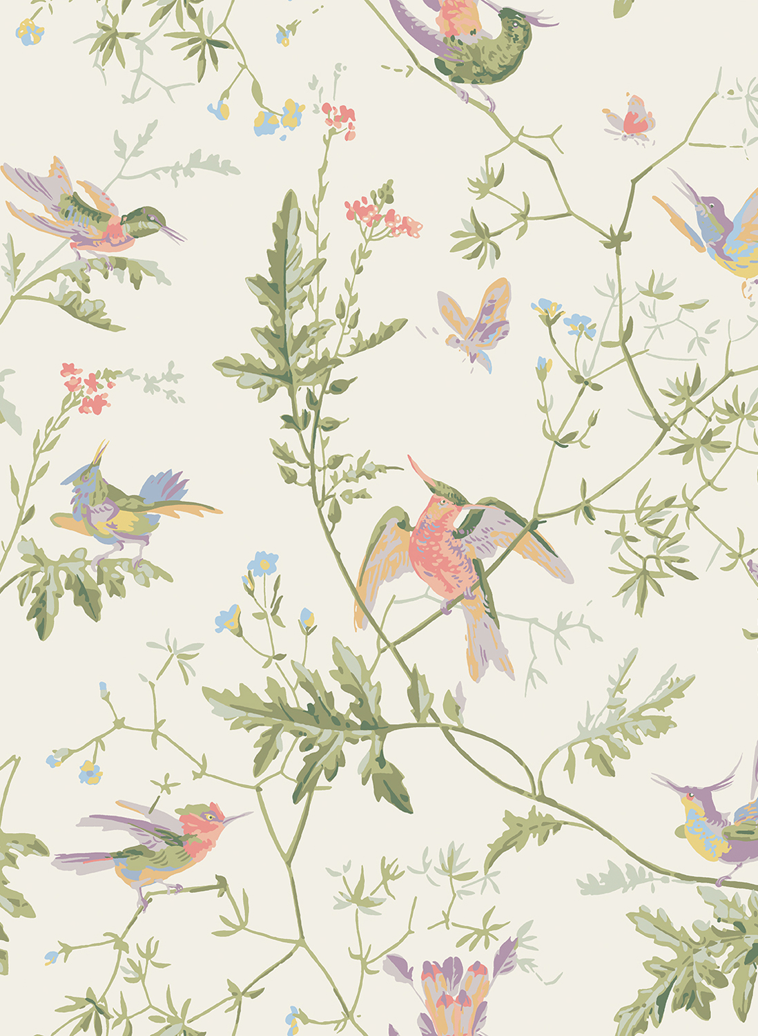 Tapete Hummingbirds - Soft Multi/ Olive Green on White