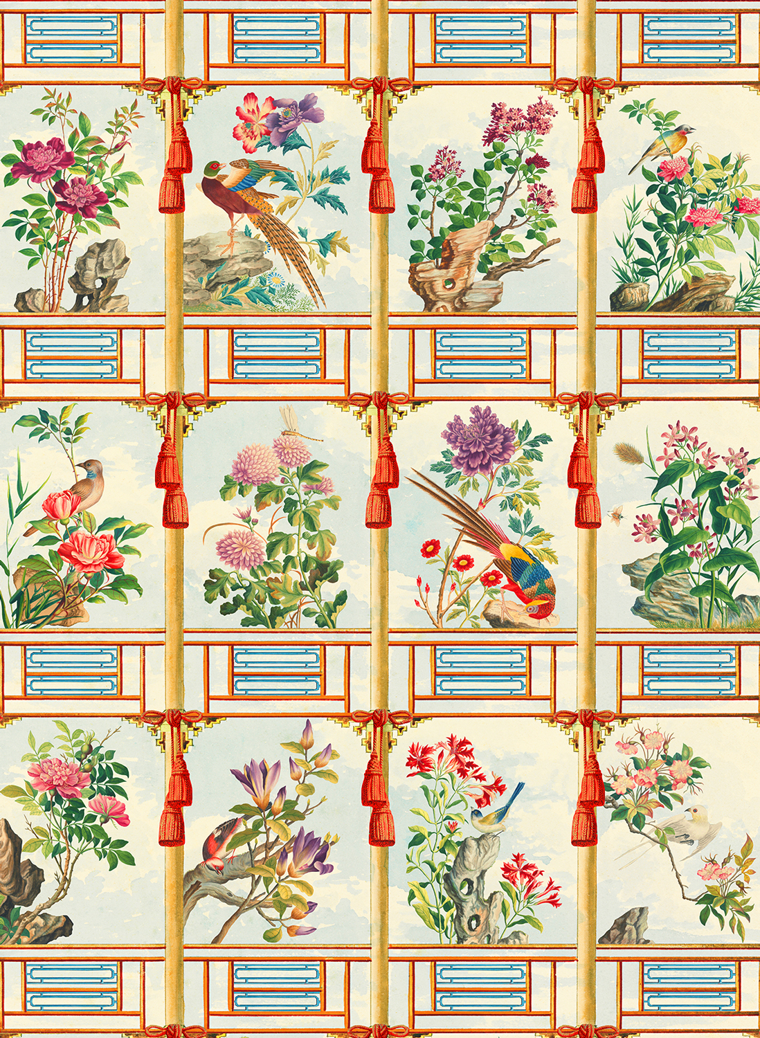 Tapete Flowering Wall - Taupe/ Red/ Green/ Blue