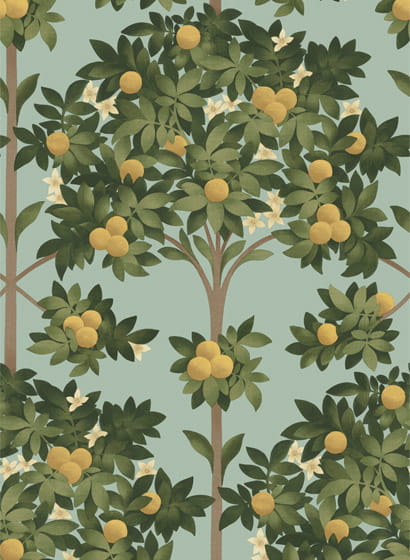 Tapete Orange Blossom - Lemon/ Olive Green on Duck Egg