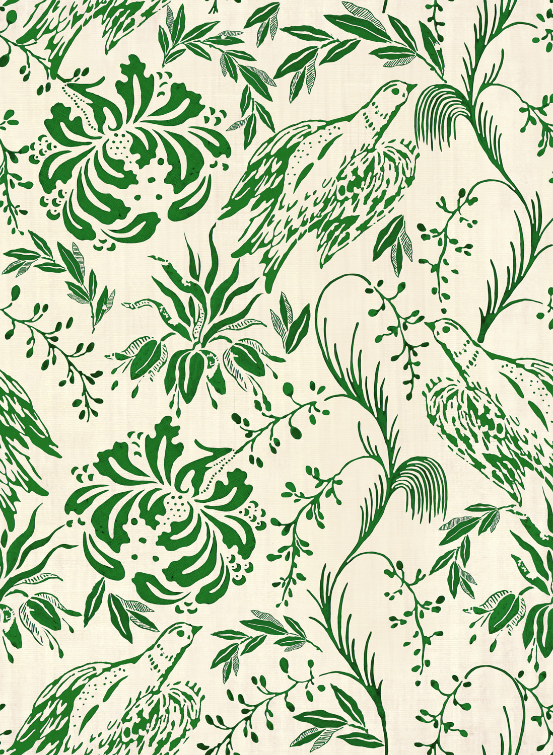 Tapete Folk Embroidery - Fern Green/  Off White