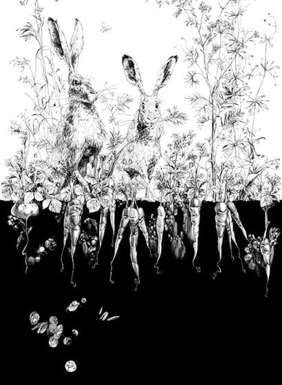 Tapete Lièvres/Fenouil/Tournesol - Blanc et Noi - Lièvres Gauche - Blanc et Noir