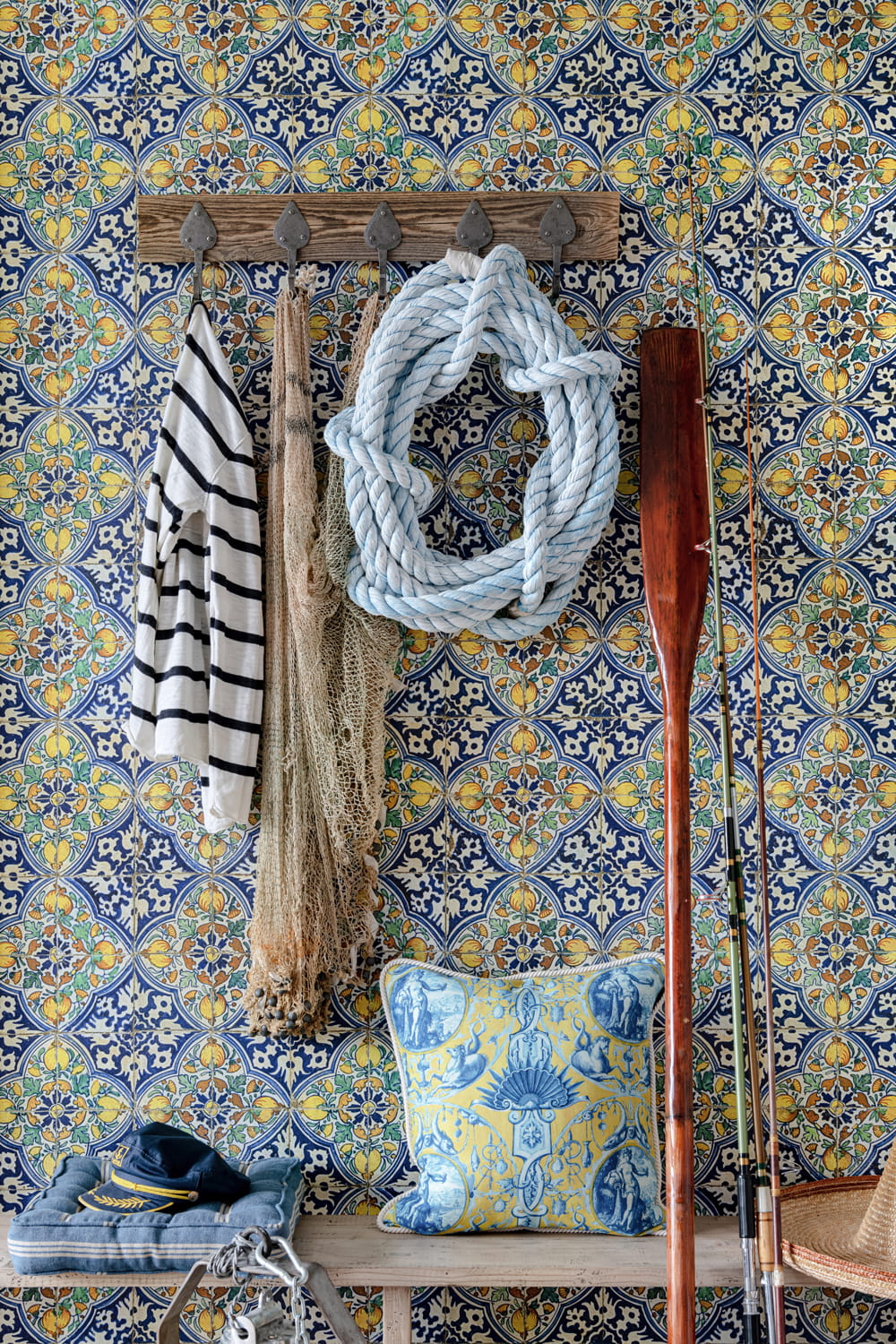 Tapete Sardegna Tiles - Indigo/ Green/ Yellow/ Taupe