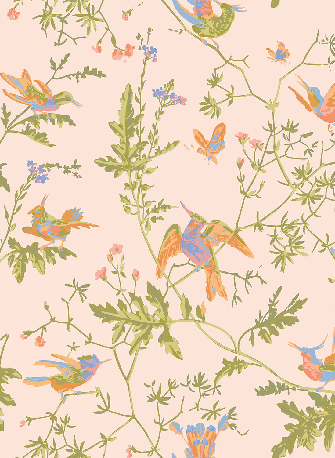 Tapete Hummingbirds - Tangerine/ Olive on Blush