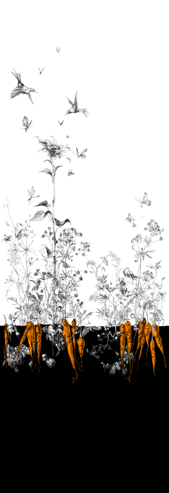 Tapete Lièvres/Fenouil/Tournesol - Noir Orange - Tournesol Gauche - Noir Orange Doré