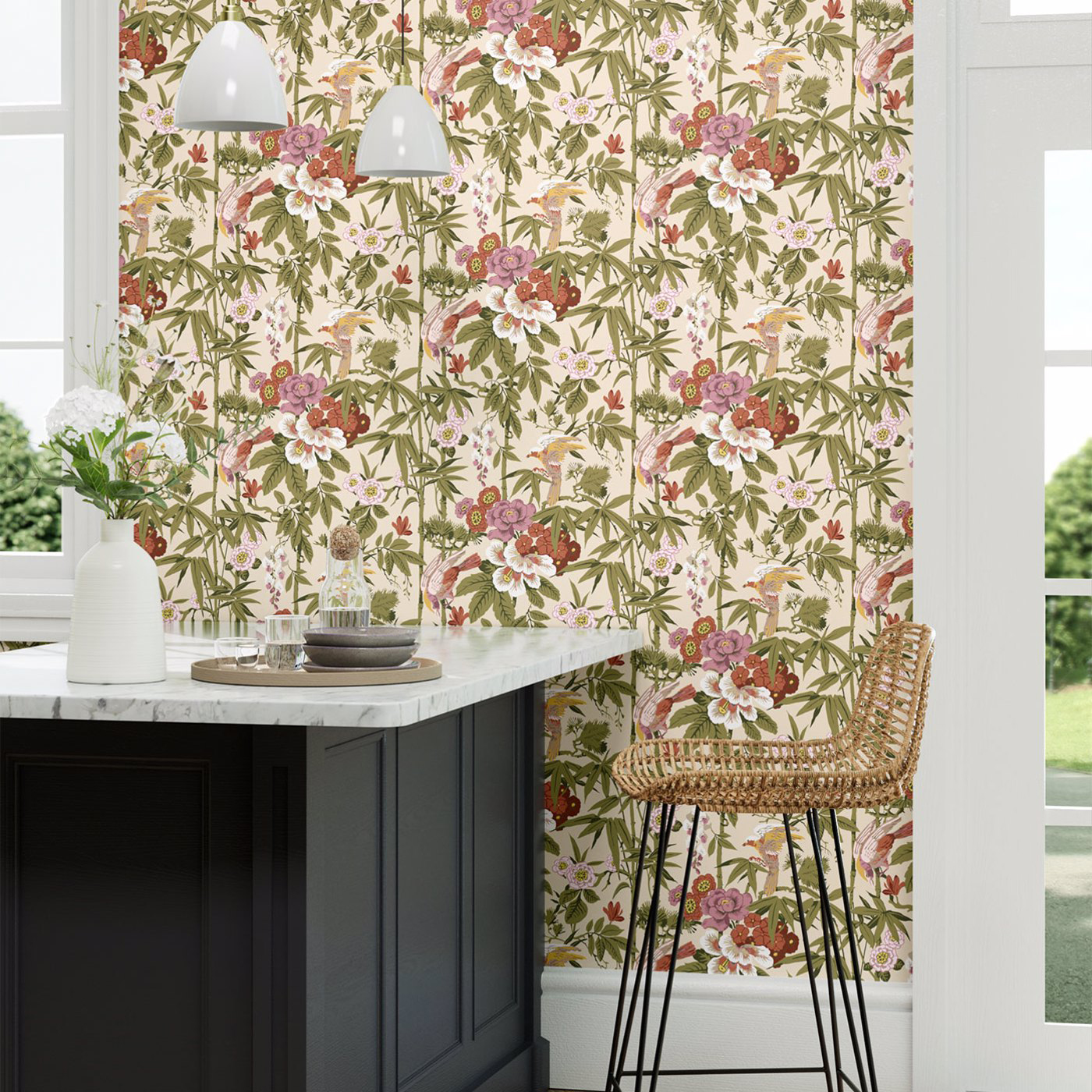 Tapete Bamboo and Birds - Mandarin Red/ Olive